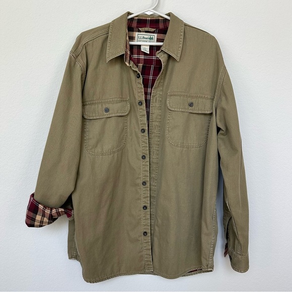 L.L. Bean Other - L.L. Bean Men's Flannel Lined Button Down Shirt Olive Green Red L